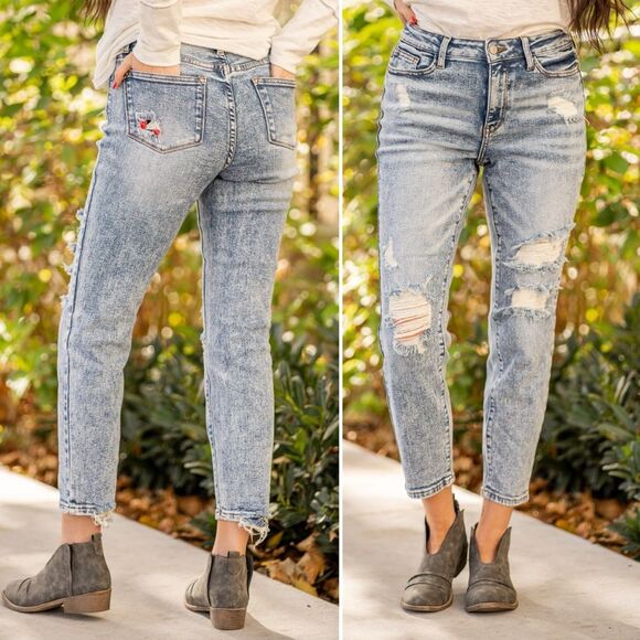 Judy Blue Acid Wash Distressed Boyfriend Jeans Medium Indigo Wash Size 28 | 6/7 - Picture 1 of 15